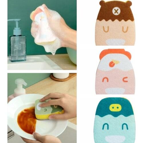 Cute Cartoon Double-sided Cleaning Sponge Decontamination Scouring Pad Cleaning Washing Sponge Dishes Household Kitchenware K0AB
