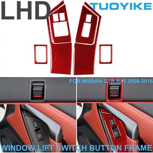 LHD RHD Car Styling RED Carbon Fiber Interior Window Lift Switch Button Frame Cover Trim Panel Kit For Nissan GTR R35 2008-2016