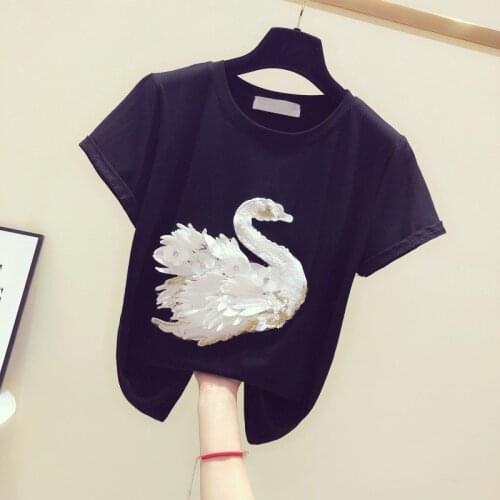 Heavy Craftsmanship Swan Embroidery Diamond Round Neck Short-sleeved T-shirt Female Summer 2021 New Korean Casual Fashion Top