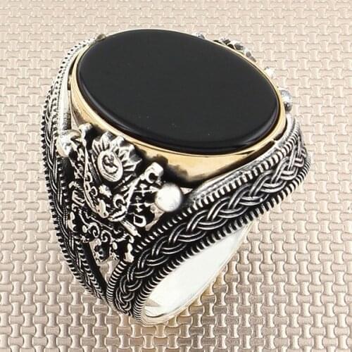 Vintage Big Rectangle Black Onyx Stone Men Silver Ring With Ottoman Coat Of Arms Made in Turkey Solid 925 Sterling Silver