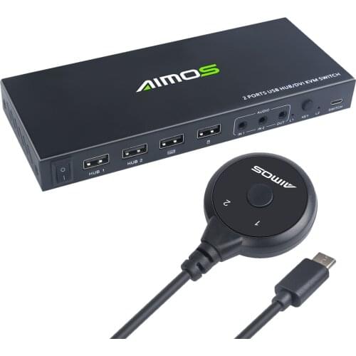 AIMOS 2 in 1 Out DVI KVM Switch Dual Displays Support 1920*1200@60Hz/2 USB2.0 HUB/Mouse Keyboard Sharing/Audio in & Out Black