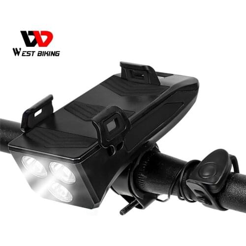 WEST BIKING 4000mAh Bike Light Multifunctional 4 In 1 Bike Accessories Horn Phone Holder Power Bank Cycling Bicycle Flashlight