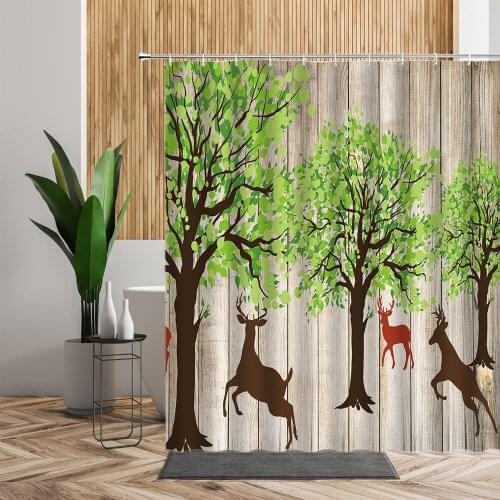 Trees Deer Shower Curtain Green Woods Forest Elk Wood Stripe Backdrop Bathroom Decors Waterproof Nordic Style Home Bath Curtains