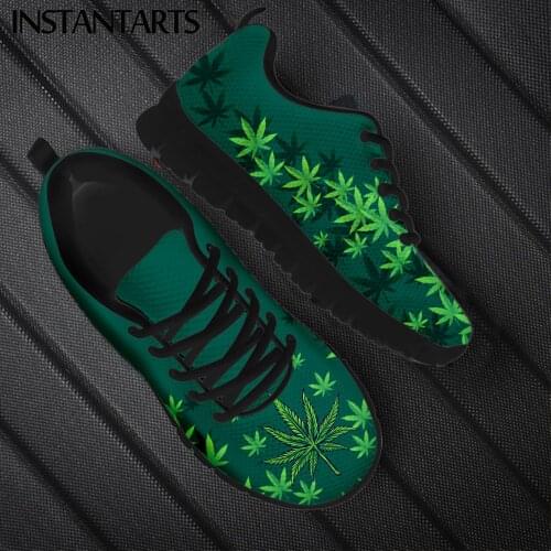 INSTANTARTS Spring Autumn Soft Warm Flat Shoes Green Weed Leaves 3D Printed Women Casual Sneakers Lace up Footwear Zapatillas