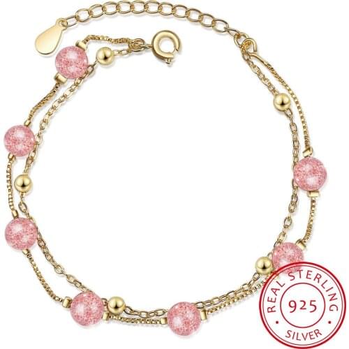 New Simple Fashion Natural Strawberry Crystal Double Layer Chain Bracelet For Women 925 Sterling Silver Fine Jewelry S-B173