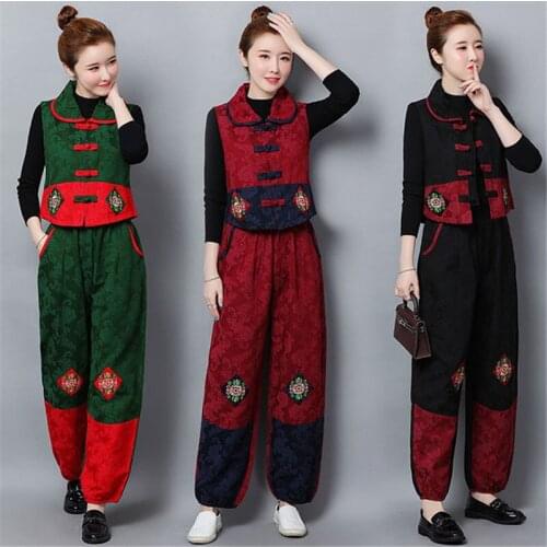 2021Retro Embroidered Cotton linen Two Piece Set Women Buckle Vest Cardigan Coat+Tang Suit Lantern Pants Suit Female 5XLC1436