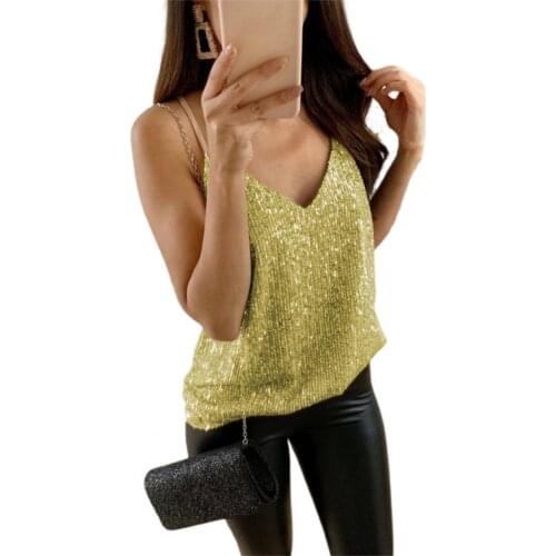 Women Summer Vest 2021 Sequined V Neck Summer Autumn Hot Stamping Spaghetti Straps Top Pullover for Dating