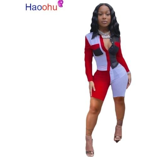 HAOOHU Women Two Pieces Sets Tracksuits Patchwork Blouses Tops Knee Length Jogger Sweatpants Suit Sporty Fitness 2 Pcs Outfit