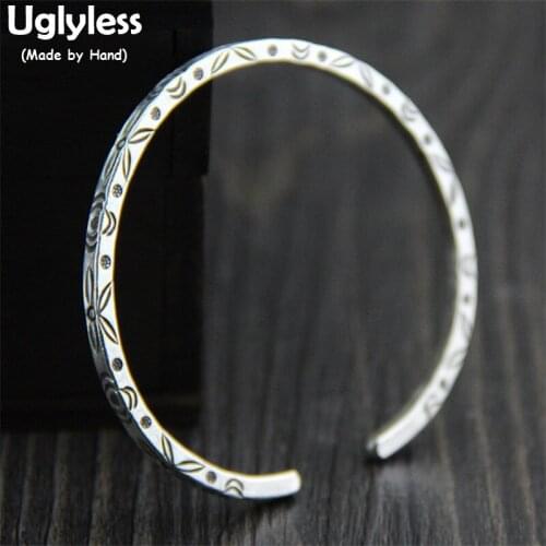 Uglyless Real S999 Fine Silver Women Handmade Opening Bangles Vintage Square Bangle Engraved Flowers Jewelry Adjustable Bijoux