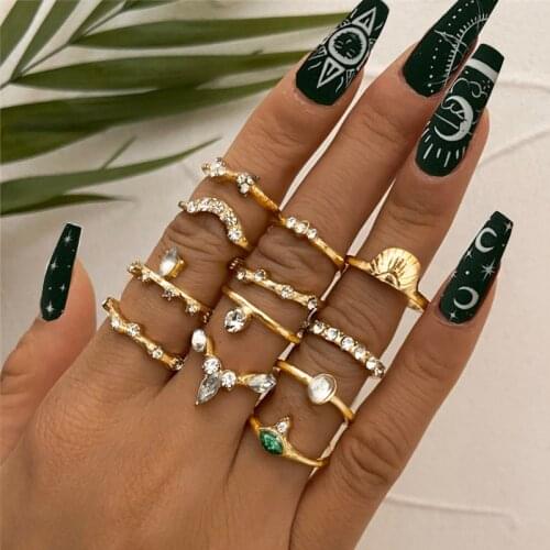Bohemian Gold Stamp Snake Crystal Rings Set For Women Retro Silver Color Moon Star Knuckle Rings Jewelry Dropshiping