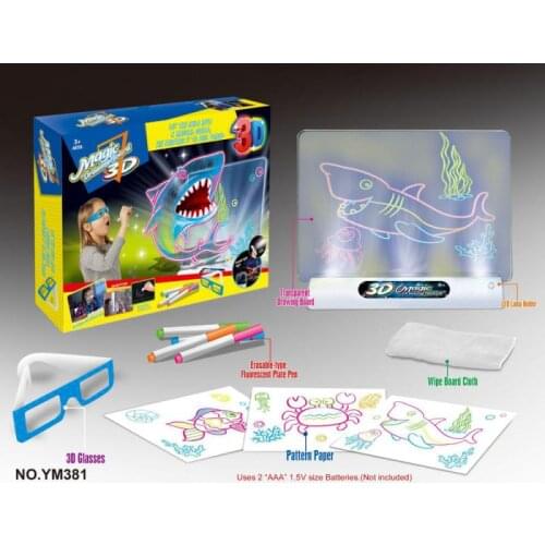 3D Kid Light Drawing Pad Neon LED Glow Doodle Board with Through Surface and Stand 4 Fluorescent Markers+3D Glasses