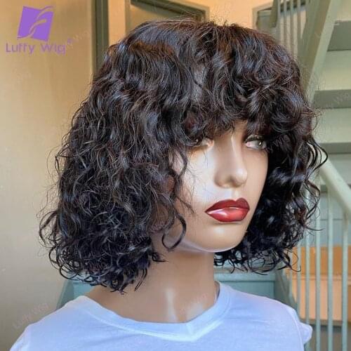 Short Curly Wig With Bangs Brazilian Remy Human Hair O Scalp Top Glueless Bouncy Curly Wigs For Black Women 200 Density Luffywig