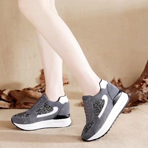 Black Wedges Shoes for Women Sneakers Bling Autumn Red Shoes Woman Winter Fashion Real Leather Platform Ladies Sport Shoes