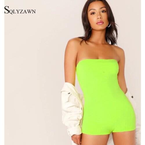 Summer Women Sexy Neon Playsuit Short Jumpsuit Bodycon Strapless Rompers Streetwear High Elastic Tight Sporty Overalls Wholesale