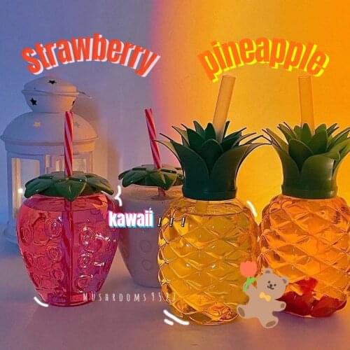 Summer Cartoon Kawaii Strawberry Pineapple Straw Plastic Cup Lovely Girl Milk Coffee Cup Student Portable Water Bottle