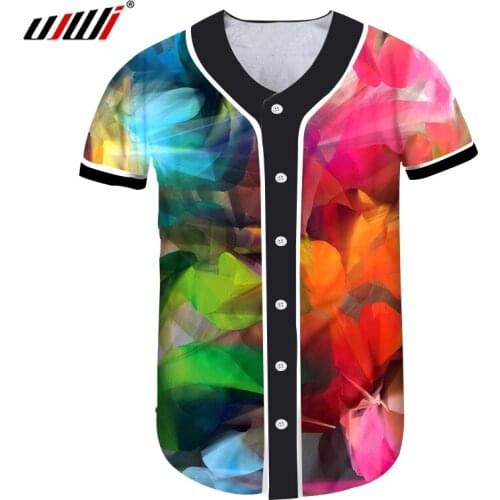 UJWI Colorful Printing 3D Baseball Shirt Casual Summer Fashion Print Short Sleeve Shirt Men Tops Petal Print Art Streetwear