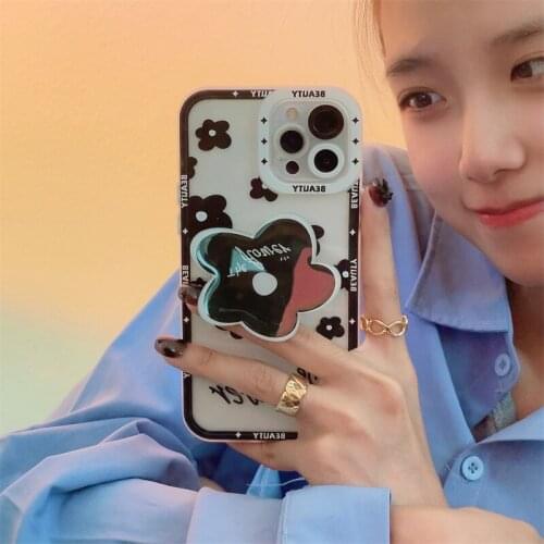 INS Korea Cute 3D Black&White Flower Bracket Phone Case for iPhone 11 12 Pro Max XR XS 7 8Plus Soft Shockproof Clear Cover