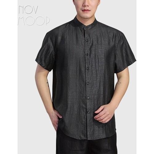 Novmoop special treatment xiangyun silk mens shirt top stand collar office business wear top grade Camisa de seda LT3473