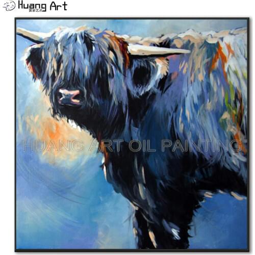 Wholesale High Quality Modern Blue Bull Hang Oil Painting on Canvas Wall Painting for Living Room Decor Cow Animal Picture Art