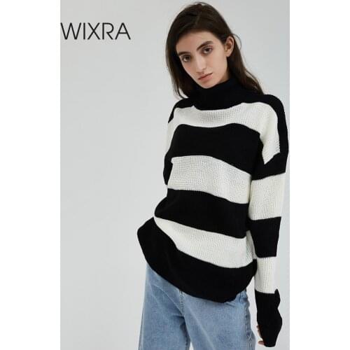 Wixra Striped Sweater Women Turtleneck Overszied Knitted Autumn Winter Womens Warm Pullover Jumper For Female