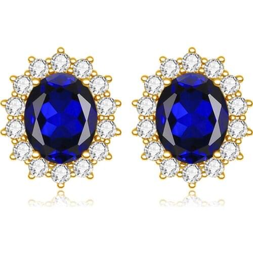 Szjinao Gold Stud earrings For Women Real 925 Sterling Silver Earrings Gemstone Sapphire Classic Wedding Party Fine Jewelery New