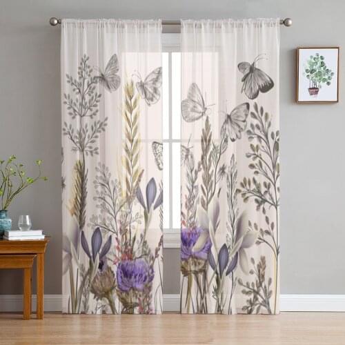 Vintage Herb Flower Butterfly Sheer Curtains for Living Room Bedroom Tulle Curtains Kitchen Window Treatments Panel Drapes