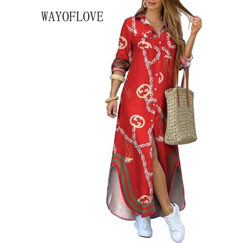 WAYOFLOVE Fashion Womens Dress 2021 Red Casual Plus Size Robe Long Sleeve Dresses Woman Elegant Button Shirt Print Long Dresses
