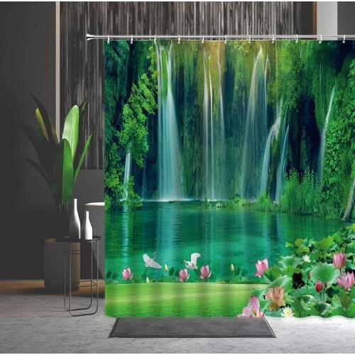 Bathroom Curtains Waterfall Forest Green Plants Flower Mountain Water Natural Scenery 3D Printing Shower Curtain Set With Hooks