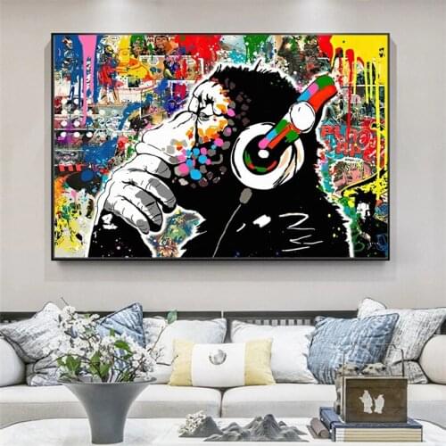 Monkey Listening to Music Graffiti Art Paintings on the Wall Art Posters and Prints Animals Street Art Pictures Home Decoration