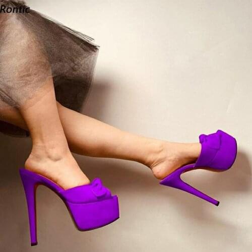 Rontic Handmade Women Platform Mules Sandals Butterfly Knot Sexy Stiletto Heel Peep Toe Pretty Purple Dress Shoes US Size 5-20