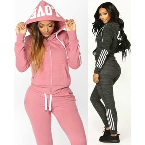 Drawstring Sexy Casual Zipper Hooded +long Pant Sweatshirt Vrouwen Women 2 Piece Outfits Trainingspak Set Letter Printing Full