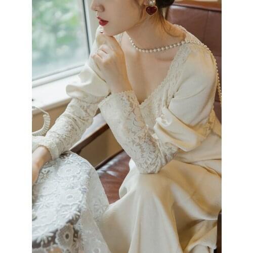 Korean Style Elegant Women Lace Dress Vintage V-Neck Empire Princess Dresses For Slim Lady Formal Vestido Festa Robe Femme