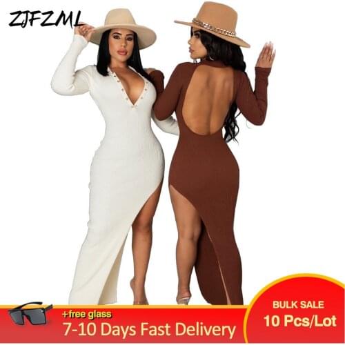 Bulk Items Wholesale Lots Women Maxi Dress Early Autumn Deep V Neck Button Up Backless Vestidos Classic Side Split Robe Femme