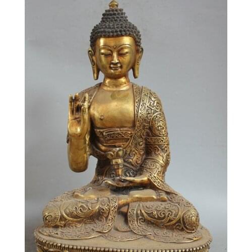 18" Tibet Buddhism Bronze Gild Seat Shakyamuni Amitabha Buddha Hand Lotus Statue