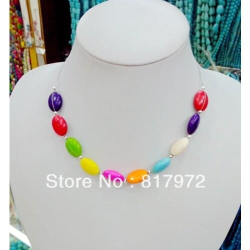 5pcs Charm Colorful stone Oval Bead inlay Silver Plated Bead Special Design Style Bib Necklace Woman Summer Party