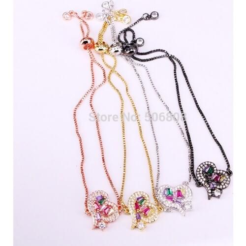 6PCS, Multi CZ Micro Pave Heart Connector Charm Bracelets Women Jewelry