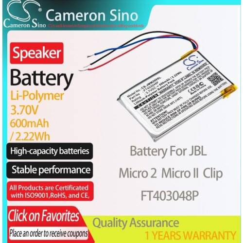 CameronSino Battery for JBL Micro 2 Micro II Clip fits JBL FT403048P Speaker Battery 600mAh/2.22Wh 3.70V Li-Polymer White