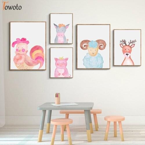 Watercolor Animal Canvas Painting Baby Deer Sheep Print Colorful Poster Nursery Woodland Wall Art Kids Room Decoration Pictures