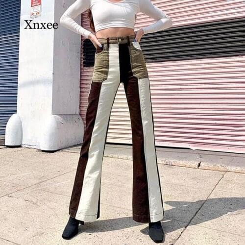 Women Spring Autumn Straight Color Block Pocket High Waist Female Denim Flare Long Pants 2021 Fall Clothes Streetwear Trousers