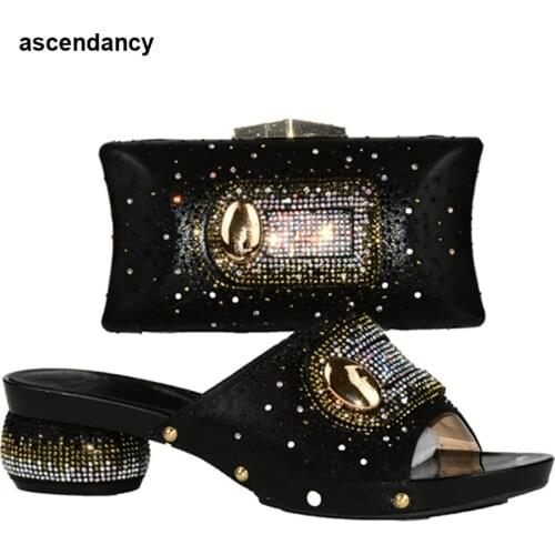 Black Color Italian Shoes and Bag Set Decorated Wit Rhinestone Nigerian Women Wedding Shoes and Bag Set African Party Shoes Bag