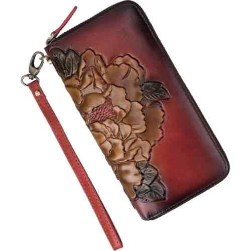 Chinese Flower Women Long Genuine Leather Wallets Female Phone Bag Coin Purse Leather Zipper Handy Clutch Wallet for Card Holder