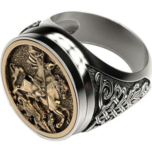 Punk Cool Mens Finger Ring Dual Color Gold Metal Rome Soldier Horse Dragon Rings Fashion Jewelry Bague Homme