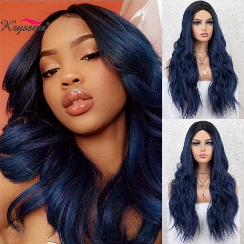 Kryssma Mixed Blue Synthetic Front Long Wavy Wig Ombre Blue/Brown Wigs Dark Roots 2 Tones Hair Heat Resistant for Women
