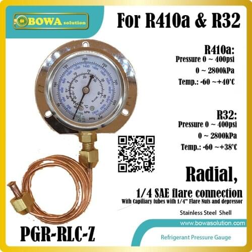 0~28bar radial freon Pressure Gauge for R410a & R32 with capillary tube with 1/4" SAE flare nuts & depressor can be quick access