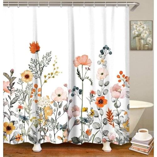 Fabric Floral Shower Curtain Set with 12 Hooks Watercolor Decor Bathroom Accessories Multicolor Botanical Flowers and Leaves
