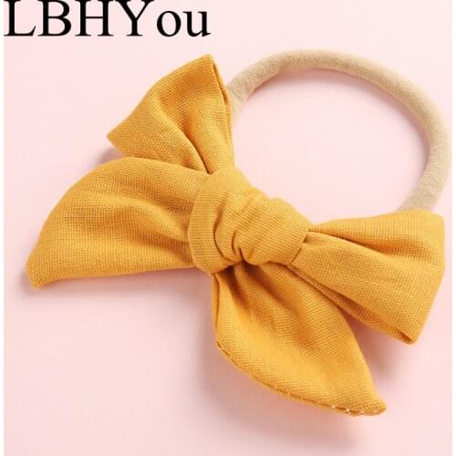 1pcs Soild Fabric Linen Bows Nylon Headbands,School Girls Elastic Stretchy Nylon Hairbands,Kids Children Knotbow Hair Accessory