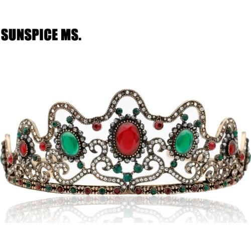 New Bohemia Wavy Lines Round Resin Vintage Flower Tiaras Crown Antique Gold Color Hairband Indian Turkish Ethnic Hair Jewelry