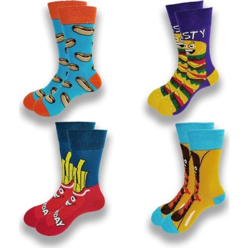 A Pair of Men Socks Funny Cute Cartoon Fruits hamburger Egg Cookie Donuts Food Happy Soft and Comfortable Skateboard Socks