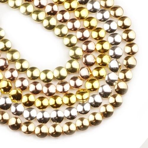 JHNBY Flat Round Bulge Hematite 8mm 48pcs Gold Silvers coin Natural Stone Spacers loose Beads For Jewelry Making Diy Bracelets