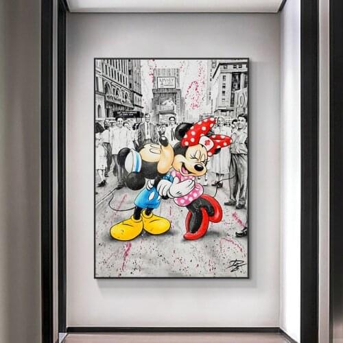 Disney Poster Century Kiss Graffiti Art Painting Street Pop Art Canvas Print on Wall Art Mickey Minnie Mouse Pictures Kids Room